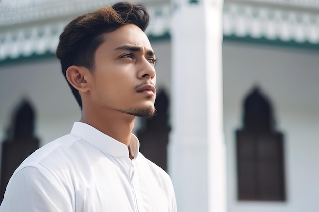 Foto un hombre con una camisa blanca se para frente a un edificio con un edificio blanco al fondo