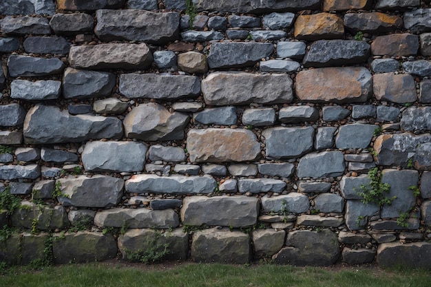 Un hombre con una camisa blanca se para frente a una pared de piedra con un campo de hierba verde frente a él.