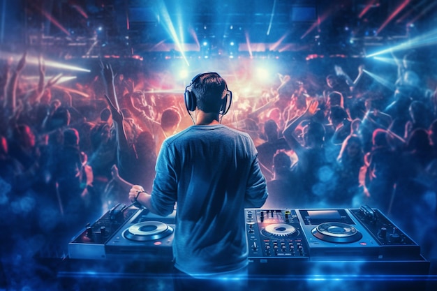 Foto un hombre con una camisa blanca está parado detrás del equipo de un dj.