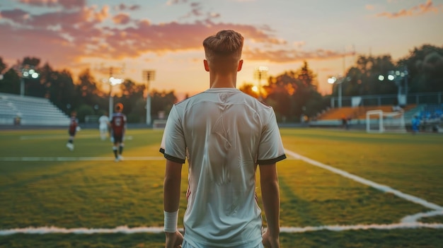 Foto un hombre con una camisa blanca está de pie en un campo de fútbol con una puesta de sol en el fondo