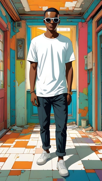 un hombre con una camisa blanca de pie frente a una puerta de colores