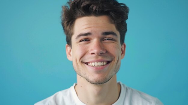 un hombre con una camisa blanca que dice que está sonriendo