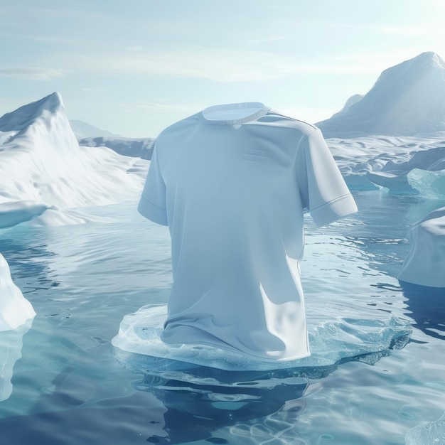 un hombre con una camisa blanca se sienta en el agua con icebergs en el agua