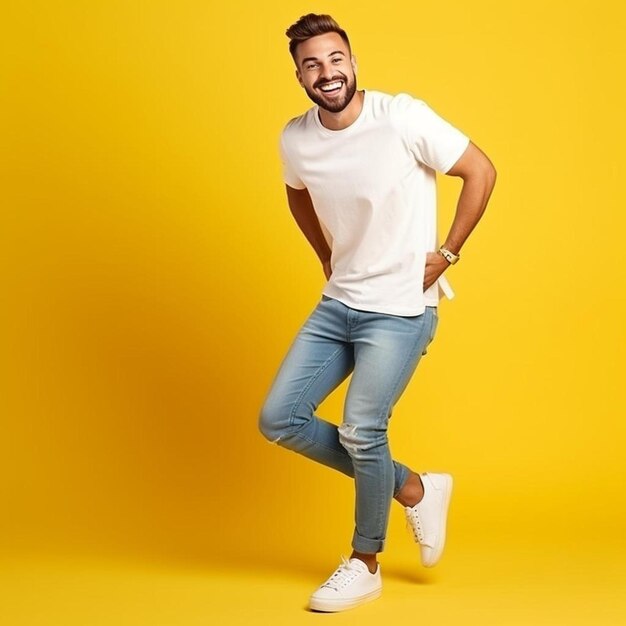 un hombre con una camisa blanca y vaqueros está posando para una foto