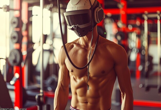 Hombre sin camisa con casco en el gimnasio