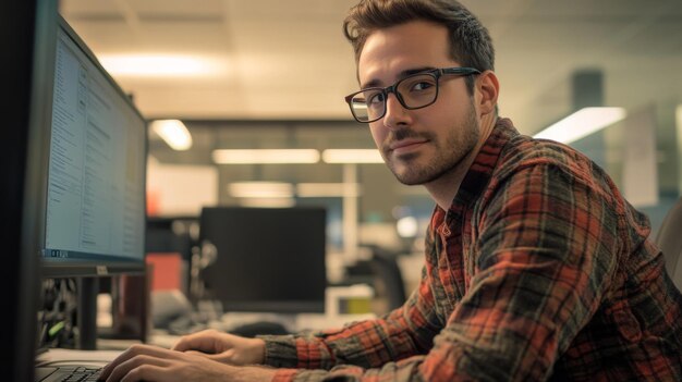 Hombre con camisa a cuadros escribiendo en el teclado de la computadora en la oficina
