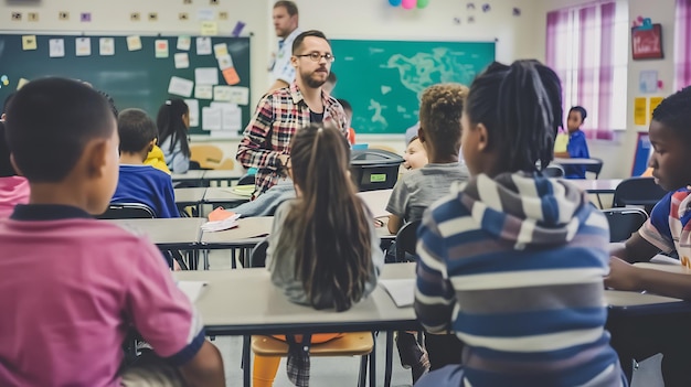 un hombre con una camisa a cuadros está hablando con un grupo de estudiantes