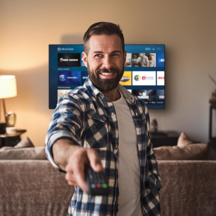 un hombre con una camisa a cuadros está jugando a un videojuego