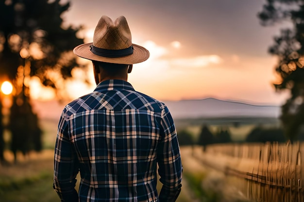 Un hombre con una camisa a cuadros se para frente a un campo al atardecer.