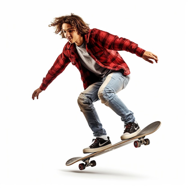 Foto un hombre con una camisa a cuadros roja está saltando en una patineta