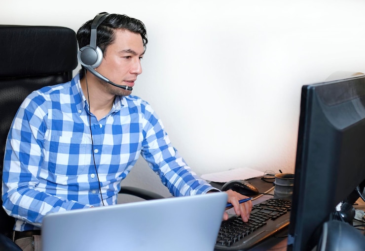 Foto un hombre con una camisa a cuadros trabajando desde casa en una persona de escritorio