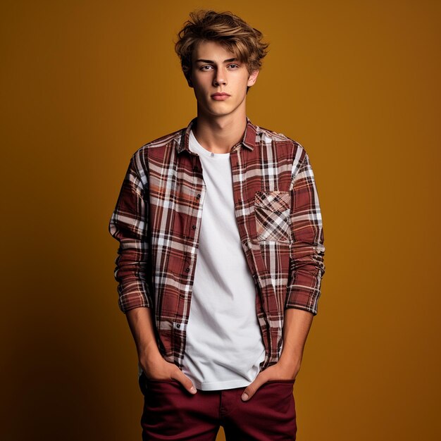 Foto un hombre con una camisa de doble bolsillo de alta calidad y de moda fotografía de moda