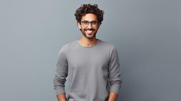 un hombre con una camisa gris y gafas sonriendo