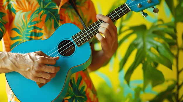 Un hombre con una camisa hawaiana está tocando el ukulele contra un fondo borroso de hojas verdes