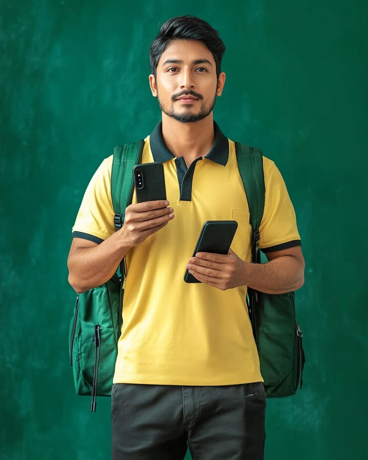 Un hombre con una camisa con una mochila y un teléfono