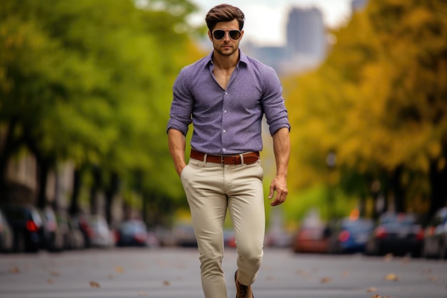 Un hombre con una camisa morada camina por la calle ai