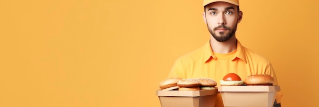 Un hombre con una camisa naranja con una caja de hamburguesasbannerai