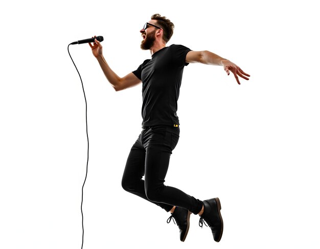 un hombre con una camisa negra está interpretando una canción con un micrófono en la mano