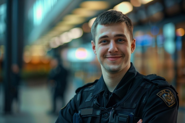 Foto un hombre con una camisa negra con las palabras policía en ella