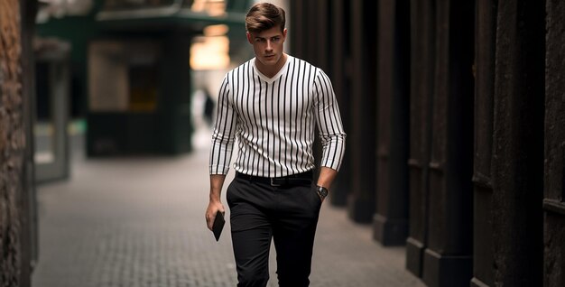 Foto un hombre con una camisa negra y pantalones vneck retrato de contraste de un hombre