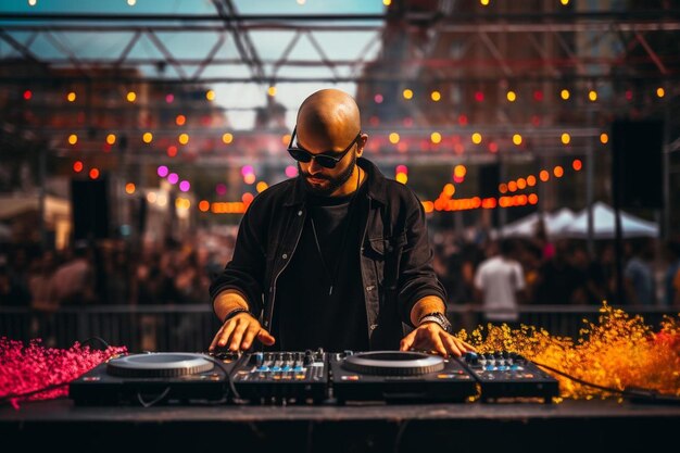 Foto un hombre con una camisa negra está tocando un set de dj