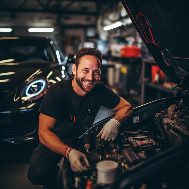 Foto un hombre con camisa negra está trabajando en un coche.