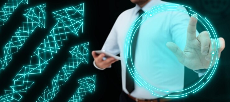 Foto hombre con camisa de oficina sentado y sosteniendo un teléfono móvil empresario presionando un botón virtual con su dedo desbloquear el interruptor en brillo de color futurista