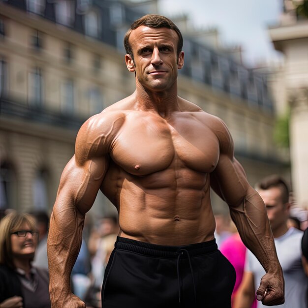 Foto un hombre sin camisa y pantalones cortos de pie frente a una multitud de personas