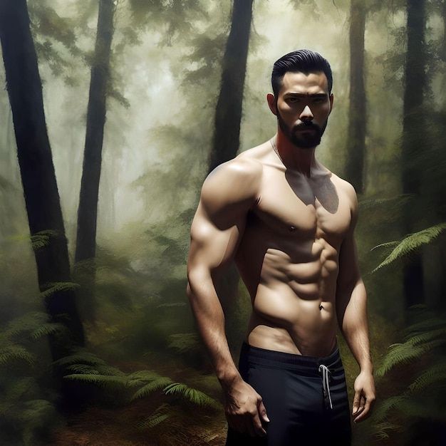 Hombre sin camisa de pie en el bosque Ilustración realista