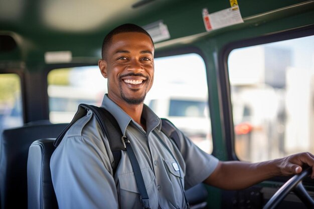 Foto un hombre con una camisa que dice feliz en la parte delantera de un autobús