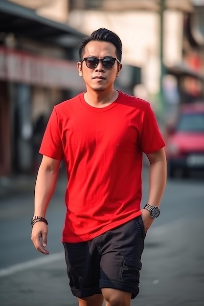 Un hombre con una camisa roja camina por una calle con gafas de sol.