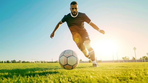 un hombre con una camisa roja está pateando una pelota de fútbol