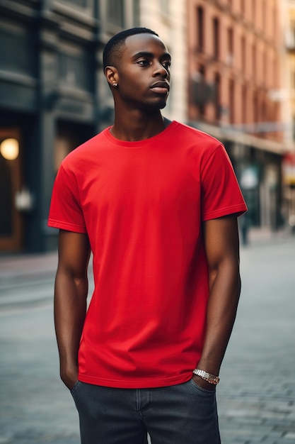 Un hombre con una camisa roja está de pie en la calle con una camiseta roja.