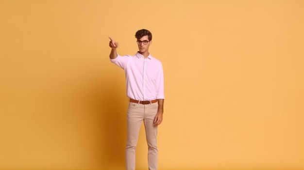 Un hombre con una camisa rosa apunta a la derecha con el dedo apuntando a la cámara.