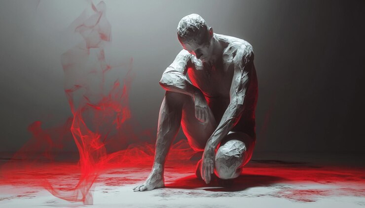 un hombre sin camisa se sienta en un piso con una luz roja