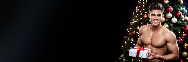 Foto hombre sin camisa sonriente sosteniendo una caja de regalos frente a un árbol de navidad decorado con luces festivas