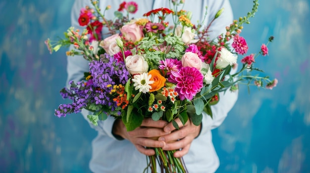 Un hombre con una camisa sostiene un ramo brillante de flores mixtas en un fondo azul