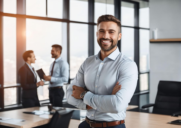 Foto hombre en camisa en su oficina