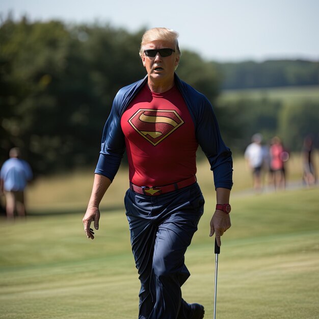 Foto un hombre con una camisa de superhombre está jugando al golf