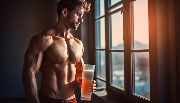 Foto un hombre sin camisa y un vaso de cerveza en la mano