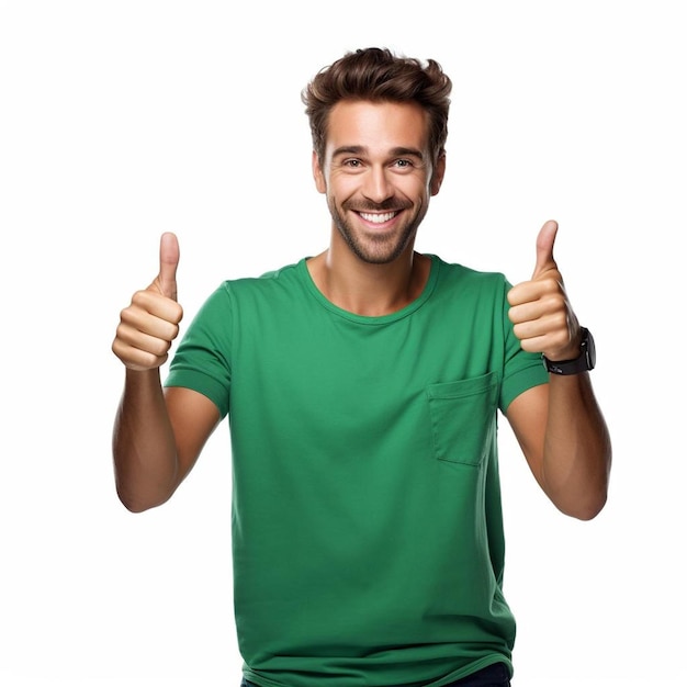 Un hombre con una camisa verde dando los pulgares hacia arriba.