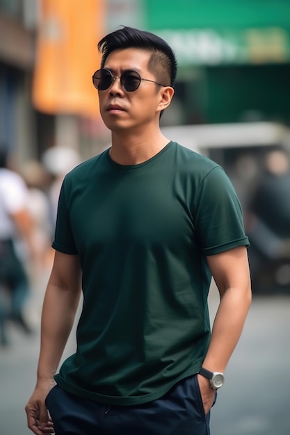 Un hombre con una camisa verde y gafas de sol se para en la calle.