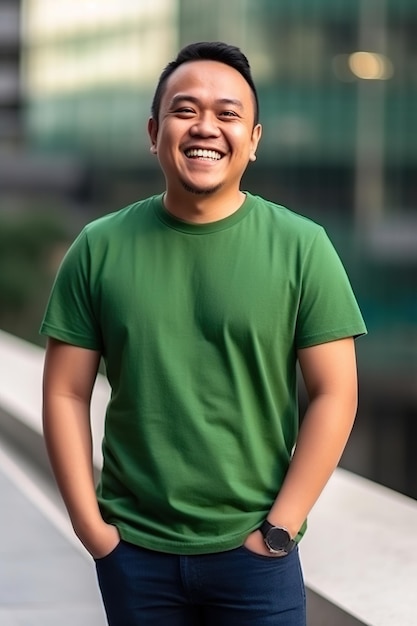 Un hombre con una camisa verde sonríe a la cámara.