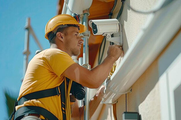 Un hombre con una camiseta amarilla y un casco amarillo establece una cámara de video