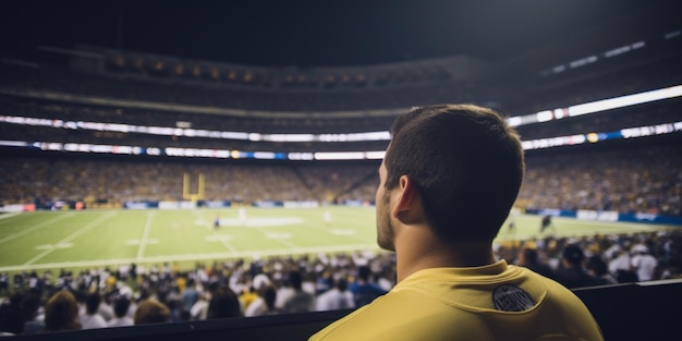 Un hombre con una camiseta amarilla se para frente a un estadio lleno de fanáticos.