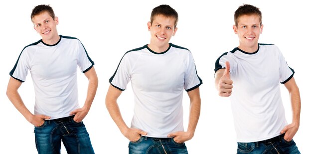 Hombre de camiseta blanca en aislado sobre un fondo blanco para su diseño