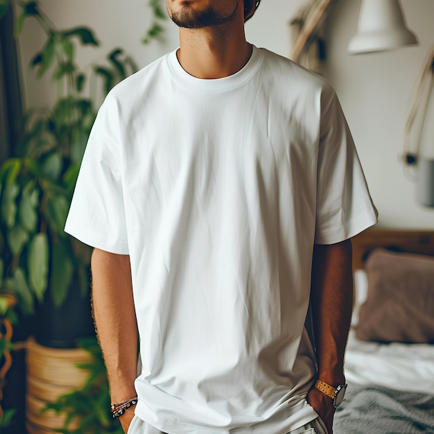 Hombre con una camiseta blanca en una cama