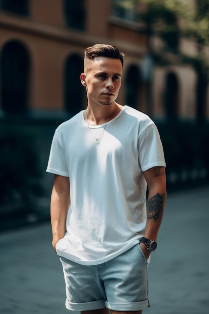 Un hombre con una camiseta blanca se encuentra en una calle.