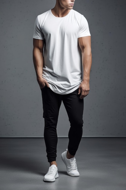 Un hombre con una camiseta blanca se para en un estudio.