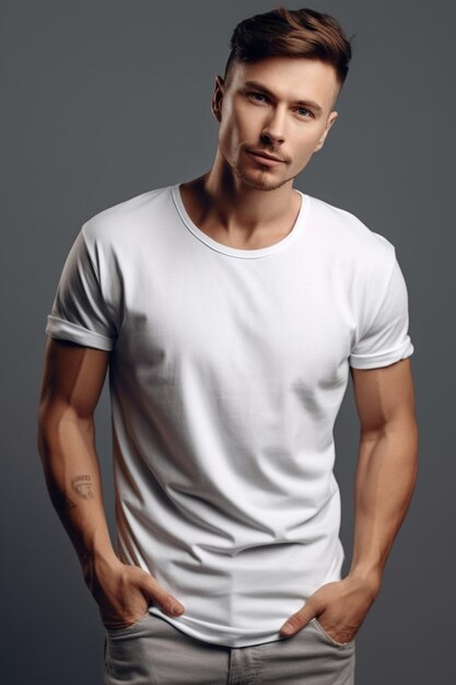 Un hombre con una camiseta blanca se para en un estudio.